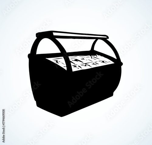 Big chiller show ice soda good case icebox stand on white background. Line black hand draw empty rack chest box cafe aisle device symbol sign in art modern doodle cartoon style on paper space for text