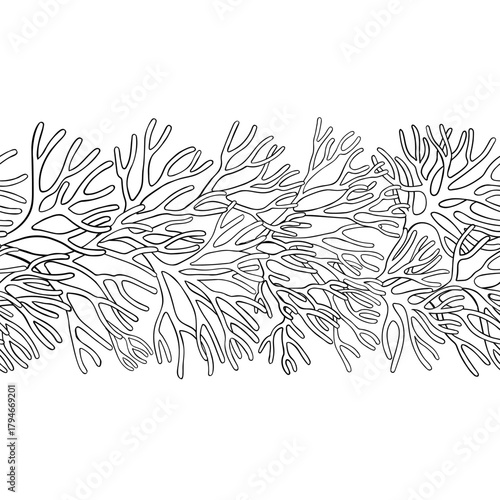 Sea Moss Branch Outline Horizontal Seamless Pattern. Vector isolated for design or decoration.