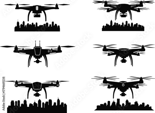 Urban drone silhouette set, city skyline vector, aerial technology design, surveillance quadcopters, black graphic illustration, modern drone concept