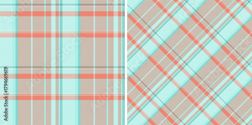 Check fabric background of textile seamless texture with a plaid vector tartan pattern. Set in winter colors for stylish scarves for women.