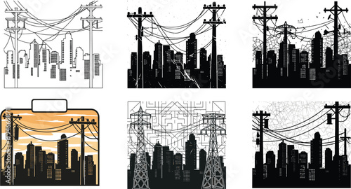 Urban skyline with high voltage power lines, electric utility poles, city silhouettes, detailed electricity network illustration, modern black and white industrial artwork