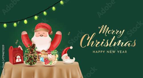 Happy Santa Celebrating Christmas with Ginger Bread in the Bowl and Christmas 3D Element Vector Illustration 