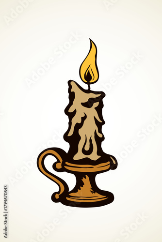 Big melt shape paraffin object on paper space for text. Line dark ink hand drawn warm cathedral glare logo emblem pictogram banner design in art historic doodle engraved style. Closeup macro view