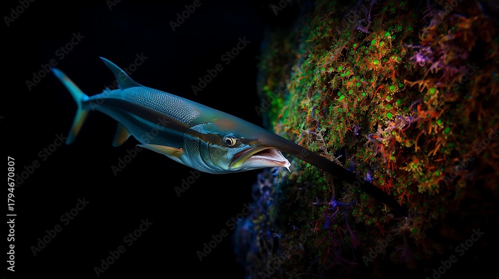 Fototapeta premium Underwater View of Blue Shark Majestic Predator in Ocean Depth