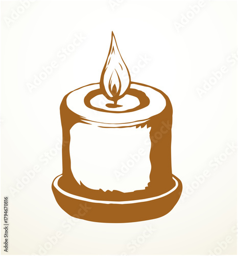 Big melt shape paraffin object on paper space for text. Line dark ink hand drawn warm cathedral glare logo emblem pictogram banner design in art historic doodle engraved style. Closeup macro view