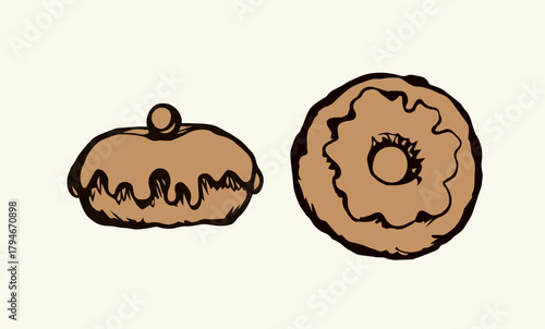 Greet happy party jew hannukah fast cafe meal isolated on light yellow backdrop. Tileable bright color hand drawn round hanukiah fat sweet sugar glaze frost soft cookie design art retro doodle cartoon