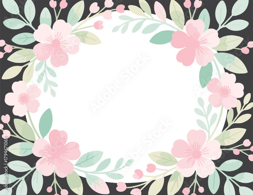 : Pastel pink flowers and mint leaves form a decorative border around a white center, set against a black backdrop. Perfect for invitations, greetings, and romantic, elegant card designs.