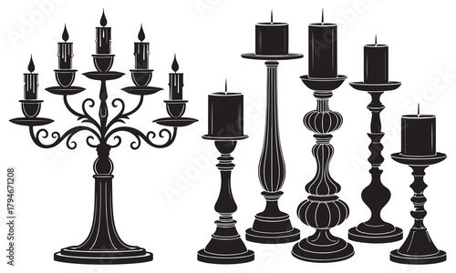 Elegant candelabra and diverse candle holder silhouettes set, classic vector design elements
