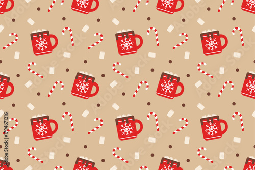 Hot chocolate mugs with marshmallows and candy canes on a beige background. Great for winter drink branding, holiday packaging, café prints, and festive wrapping paper.