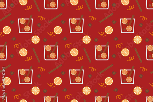 Mulled wine glasses with cinnamon sticks and orange slices on a red background. Great for holiday drink branding, winter packaging, festive stationery, and Christmas-themed patterns.