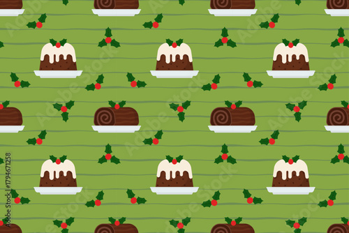 Christmas pudding and yule log cake decorated with berries on a green background. Ideal for bakery packaging, wrapping paper, dessert branding, and festive food designs.