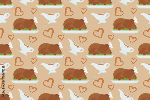 Roast turkey with gravy and heart accents on a beige background. Ideal for holiday menus, festive packaging, kitchen prints, and Christmas food-themed designs.