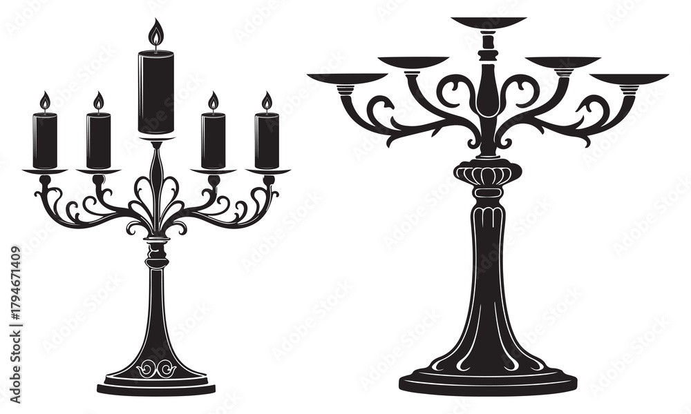 Fototapeta premium Elegant silhouette of two ornate candelabras, one with burning candles and one empty 