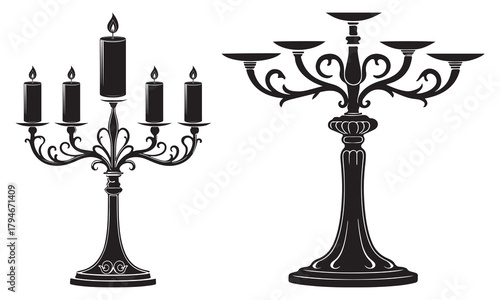 Elegant silhouette of two ornate candelabras, one with burning candles and one empty
