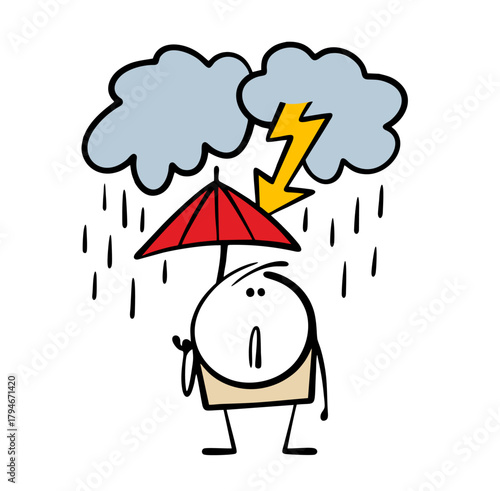 Electric shock in cartoon red umbrella. Vector illustration, clouds, heavy rain, thunder, lightning flashes. Doodle unhappy person is scared, a man or a child is in a panic.