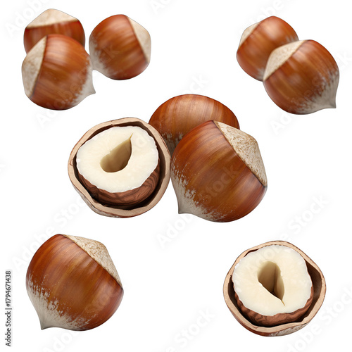 Collection of Whole and Halved Hazelnuts with Shells on a Transparent Background with Realistic Texture and Detail