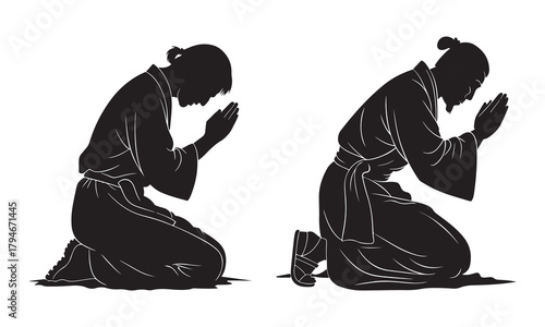 Two japanese men kneeling and bowing in traditional attire, showing respect and prayer
