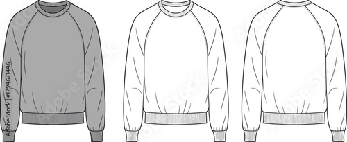 Detailed raglan sleeve crewneck sweatshirt vector template with front and back views, ribbed cuffs, hem details, and casual apparel design