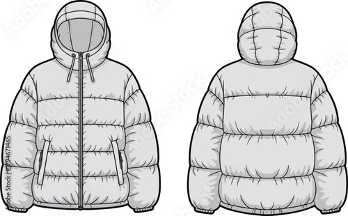 Detailed puffer jacket vector template with hood, front and back views, quilted sections, zipper closure, drawstrings, and winter outerwear design