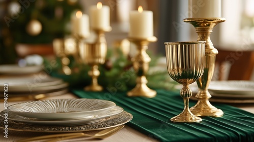 Elegant dinnerware collection featuring gold accents, ceramic plates, wine glasses, silverware, perfect for upscale events, formal dining, and stylish home decor