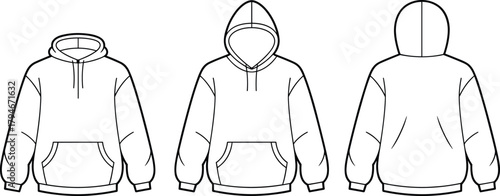 Unisex hoodie flat sketch template, front and back sweatshirt technical drawing, apparel fashion vector, pullover design outline for designers