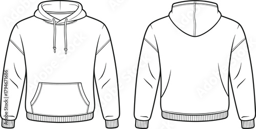 Unisex hoodie flat sketch template, front and back sweatshirt technical drawing, clothing design outline, fashion CAD illustration for apparel designers