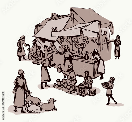 Biblical hebrew religion vendors kasbah man scene. Orient heritage Omani view. Antique fes pottery souq on white background. Saudi rabat bazar quarter picture sketch in vector iraq art graphic style