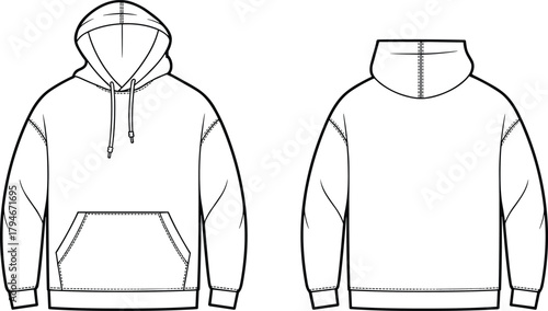 Hoodie apparel flat sketch template, front and back technical drawing, unisex sweatshirt design outline, fashion CAD illustration for clothing designers