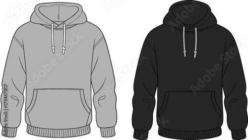 Black and gray hooded sweatshirt front view, casual unisex hoodie template, fashion apparel mockup, cad drawing flat vector