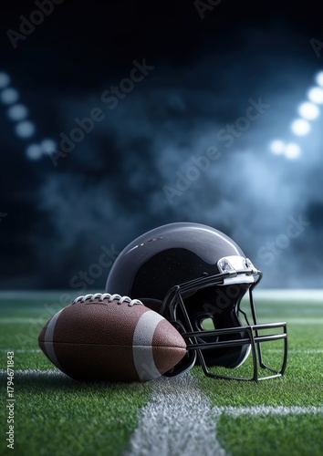 Professional football helmet on grass field with stadium lights, showcasing sports equipment, game action, team spirit, and outdoor sports environment