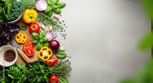 Fresh colorful vegetables and herbs composition on light grey background