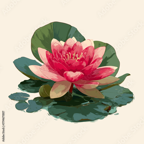 Vector illustration of a lotus flower with leaves on the surface of the water