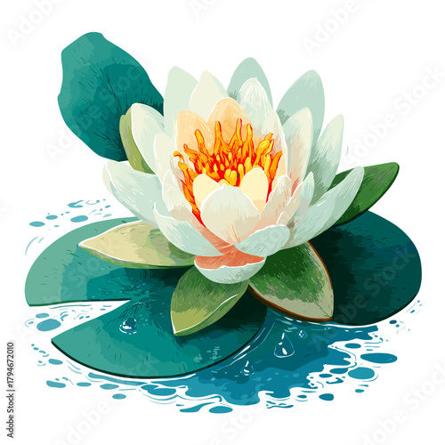 Vector illustration of a lotus flower with leaves on the surface of the water