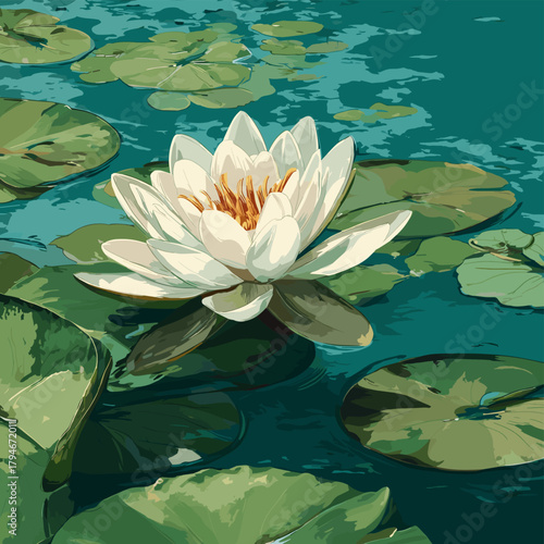 Vector illustration of a lotus flower with leaves on the surface of the water
