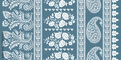 floral pattern vintage ethnic modern embroidery texture boho design vector illustration hand drawn pink flower motif branches leaves wallpaper seamless background border.	
