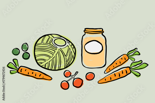 Food, vegetables and a mason jar colored line art drawing.