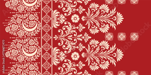 floral pattern vintage ethnic modern embroidery texture boho design vector illustration hand drawn pink flower motif branches leaves wallpaper seamless background border.	
