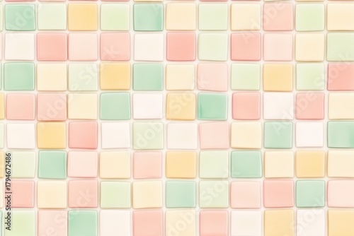 A beautiful arrangement of pastel-colored mosaic tiles creates a vibrant and soothing background, perfect for interior design inspiration and artistic implementations.