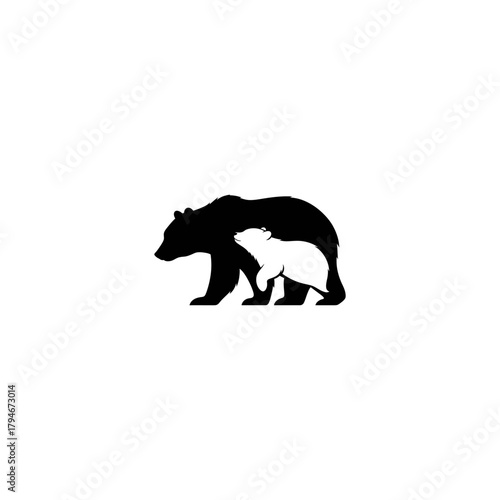 Silhouette of a bear and cub walking together isolated on white background