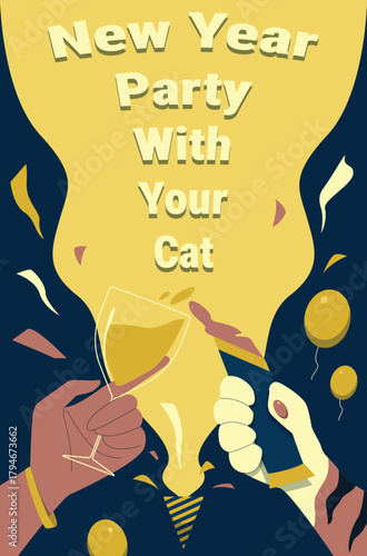 New Year party illustration featuring human hand holding champagne glasses and cat hand holding cat snack surrounded by balloons and confetti, with the text “New Year Party With Your Cat