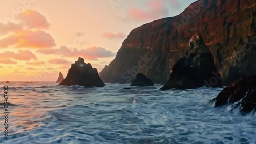 Dramatic Coastal Sunset - Waves Crashing Against Rocky Cliffs.