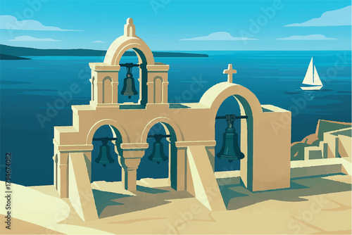 Greece - Santorini Bell Tower Coastal Print - Greek Island Wall Art, Mediterranean Seaside Decor