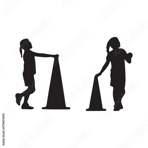 Silhouettes of Children Playing with Cones
