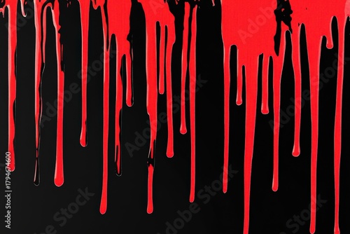 Bold red paint drips down a stark black background, creating a striking visual effect that embodies raw emotion and artistic expression in a unique way.