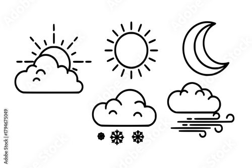 Weather icons. Weather forecast icon set. Clouds logo. Weather , clouds, sunny day, moon, snowflakes, wind, sun day. Vector illustration.
