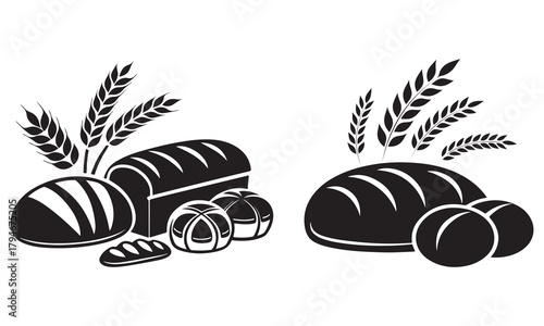 Bakery products with wheat ears, various bread and rolls, traditional food icons art

