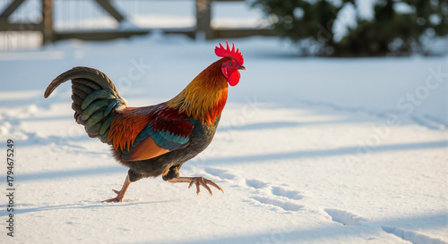 Rooster walking in snow creating footprints across winter field, brilliant plumage sparkles under sun. Rooster walking in snow embodies hardiness and rural resilience. 