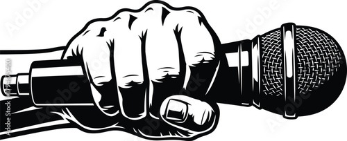 Hand holding a microphone, striking black and white graphic art