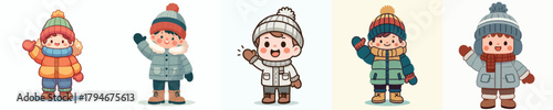 vector little boy waving hand in thick winter clothes