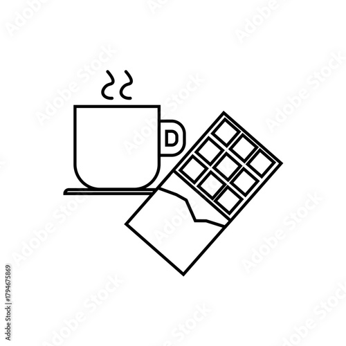 An isolated black and white icon of a mug with coffee and chocolate. Sweets. Can be used in mobile apps, websites, and advertising.